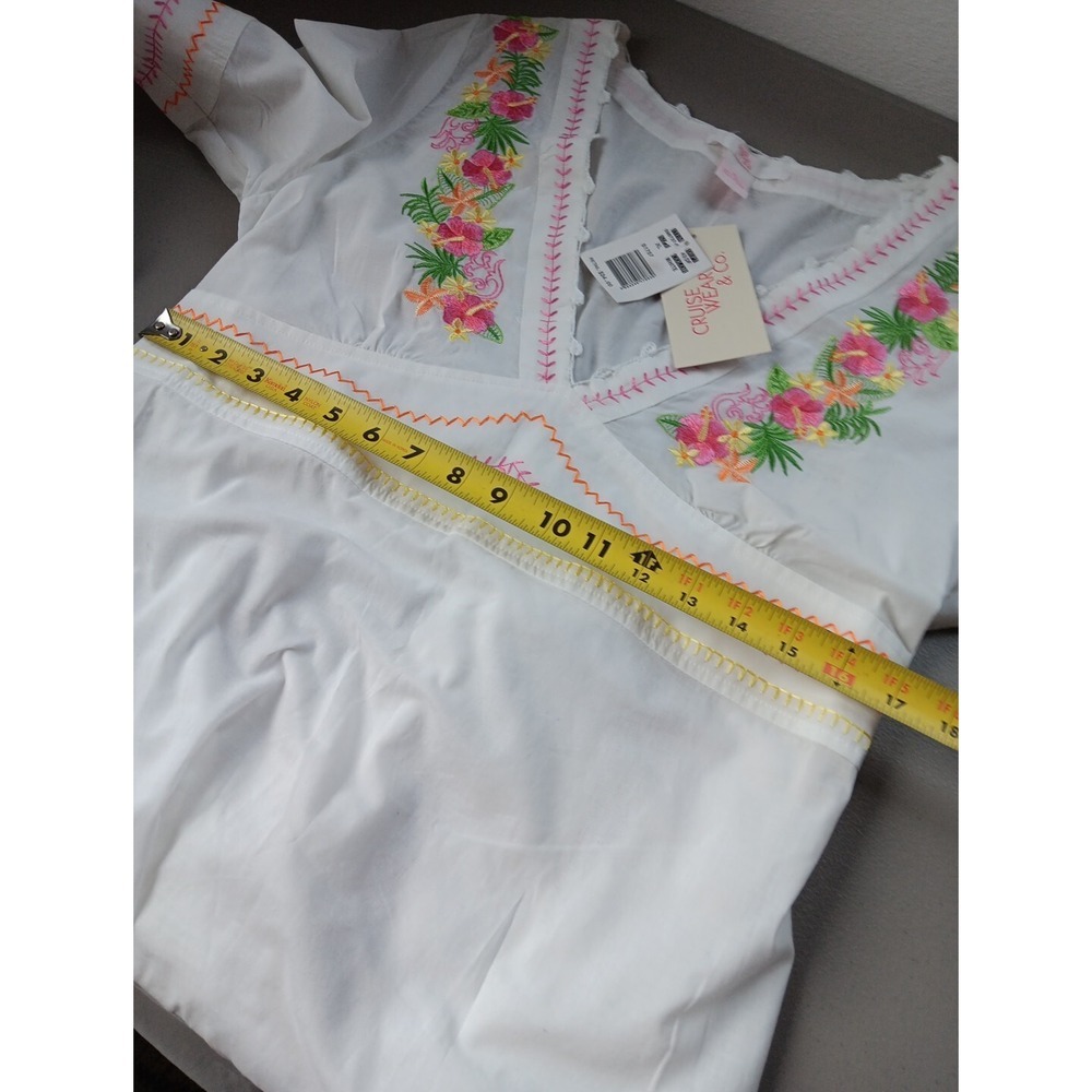 NEW Boho Tunic Mini Dress Womens XL White Cotton Pink Embroidery DEEP V Beachy - Picture 11 of 13